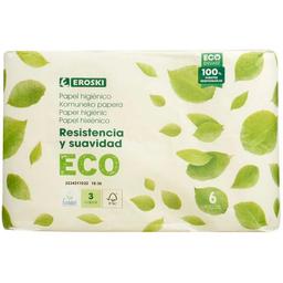 Papel higiénico 3 capas ecológico eroski, paquete 6 rollos