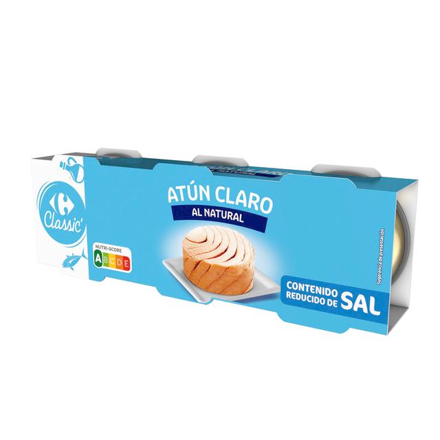 Atún claro al natural contenido reducido en sal Carrefour pack de 3 latas de 56 g