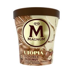 MAGNUN Utopia doble hazelnut de Frigo Tarrina helado de avellana, almendra y caramelo recubierto de chocolate blanco 440 ml