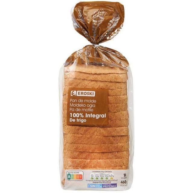 Pan de molde integral con corteza eroski, paquete 460 g
