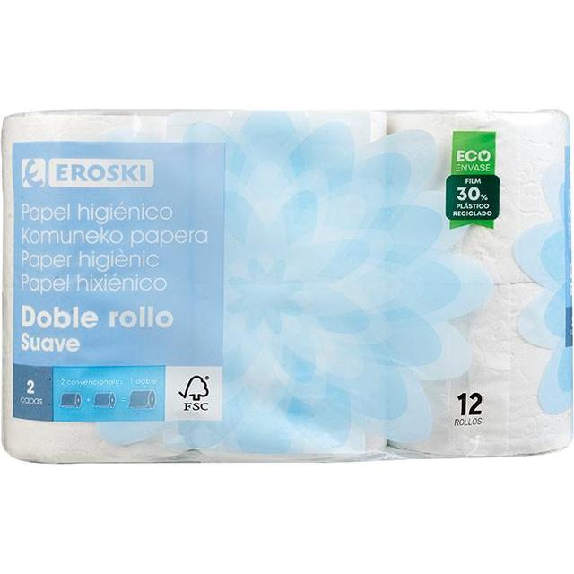 Papel higiénico suave doble rollo eroski, paquete 12 rollos