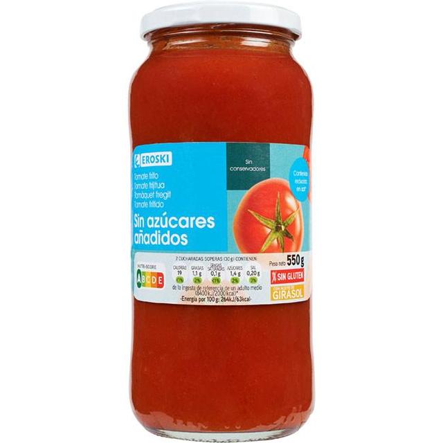 Tomate frito sin sal y sin azúcar eroski, frasco 550 g