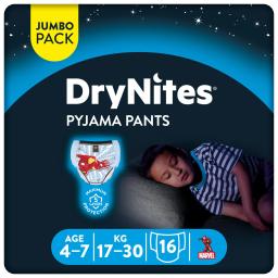 Ropa interior absorbente niño noche DryNites 4-7 años (17kg-30 kg.) 16 ud