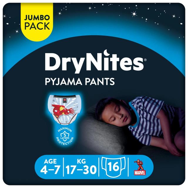 Ropa interior absorbente niño noche DryNites 4-7 años (17kg-30 kg.) 16 ud
