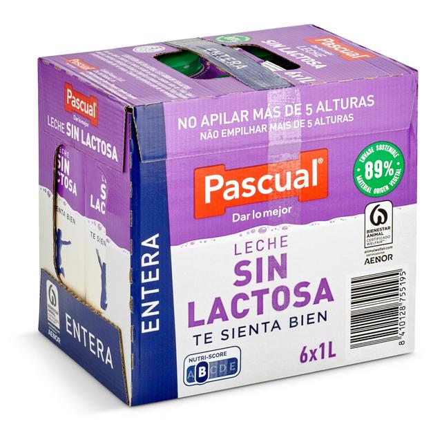 Leche entera sin lactosa Pascual brik 6 x 1 l