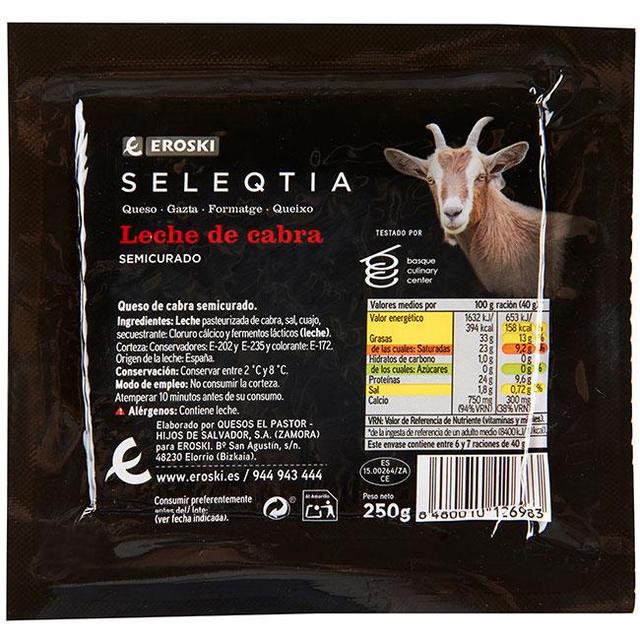 Queso de cabra semicurado eroski seleqtia, cuña 250 g