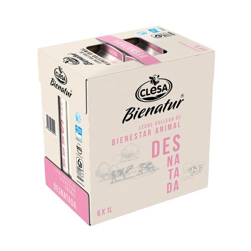 CLESA Leche de vaca desnatada de origen 100% gallega de bienestar animal Bienatur 6 x 1 l