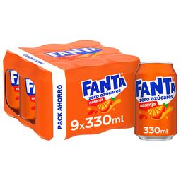 FANTA Refresco de naranja sin azúcares añadidos pack de 9 latas de 33 cl