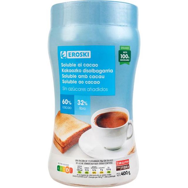 Soluble de cacao sin azúcares añadidos eroski, bote 400 g