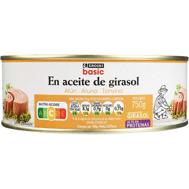 Atún en aceite girasol eroski basic, lata 750 g