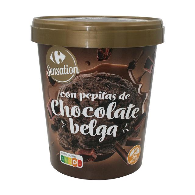 Helado de chocolate con pepitas chocolate belga Sensation Carrefour sin gluten 500 ml