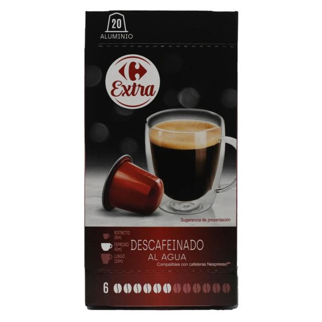 Café descafeinado en cápsulas Carrefour Extra compatible con Nespresso pack de 20 unidades de 5,2 g
