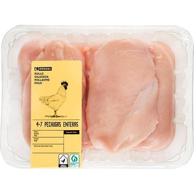 Pechuga enteras de pollo eroski, 4-7 uds, bandeja aprox. 1.5 kg