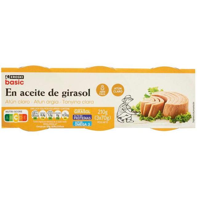 Atún claro en aceite vegetal eroski basic, pack 3x70 g