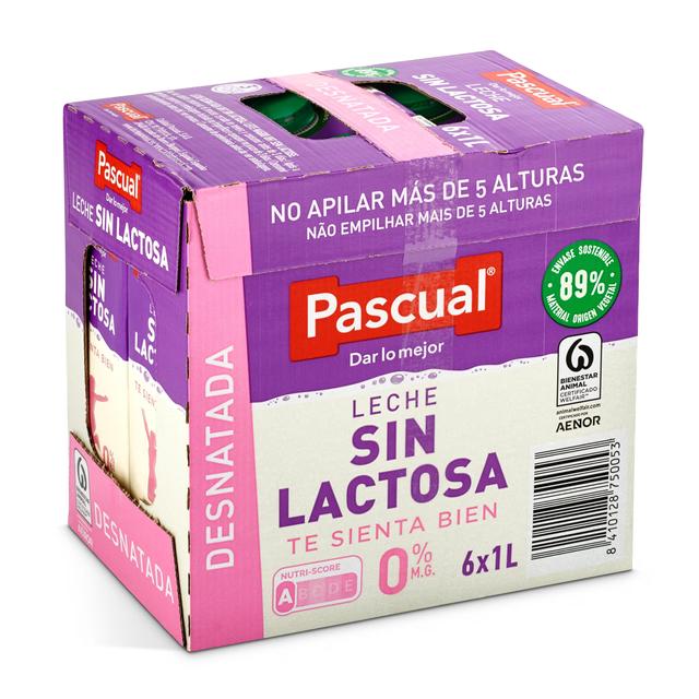 Leche desnatada sin lactosa Pascual brik 6 x 1 l