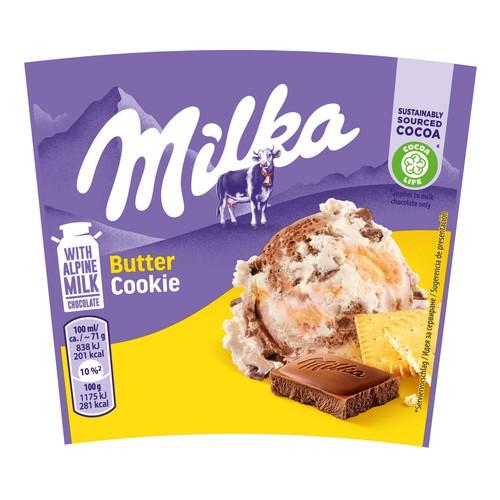 MILKA Tarrina de helado de vainilla con galletas de mantequilla y trozos de chocolate 425 ml