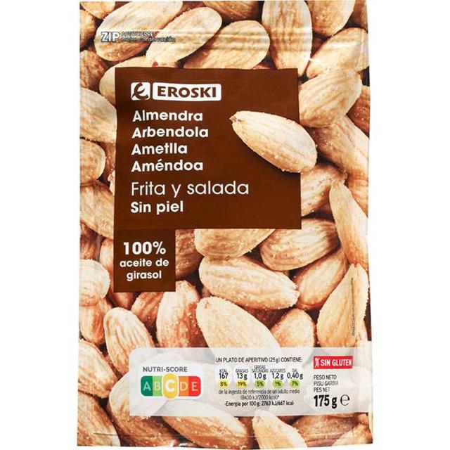 Almendras repeladas fritas eroski, bolsa 175 g