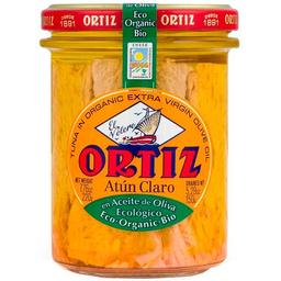 Atún claro en aceite oliva ecológico ortiz, frasco 220 g