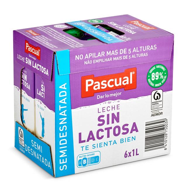 Leche semidesnatada sin lactosa Pascual brik 6 x 1 l