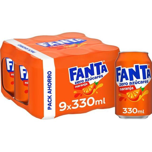 FANTA Refresco de naranja sin azúcares añadidos pack de 9 latas de 33 cl