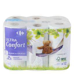 Papel higiénico 3 capas ultra confort Carrefour 12 rollos