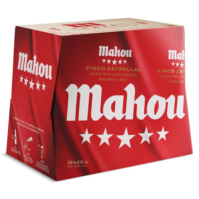 Cerveza rubia especial Mahou 5 Estrellas pack 12 botellas 25cl