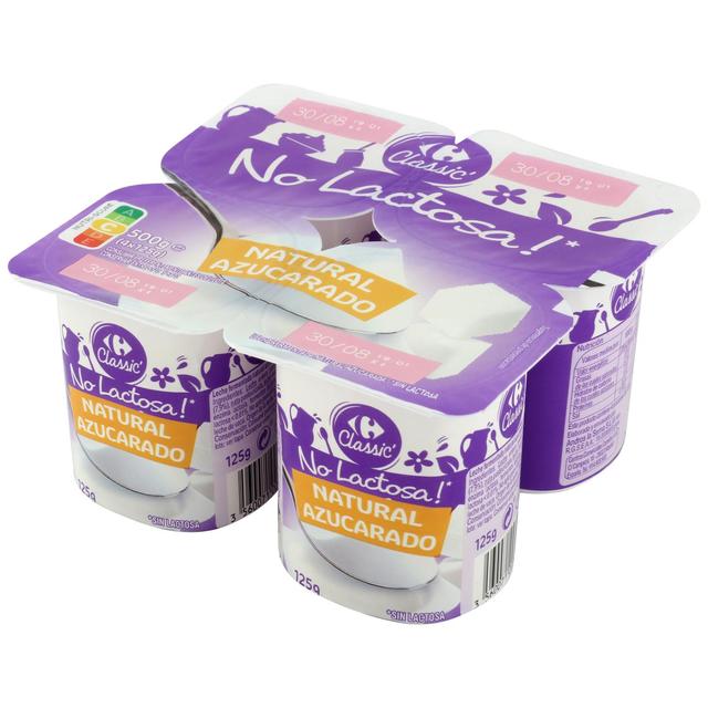 Leche fermentada azucarada natural Carrefour No Lactosa sin lactosa pack de 4 unidades de 125 g