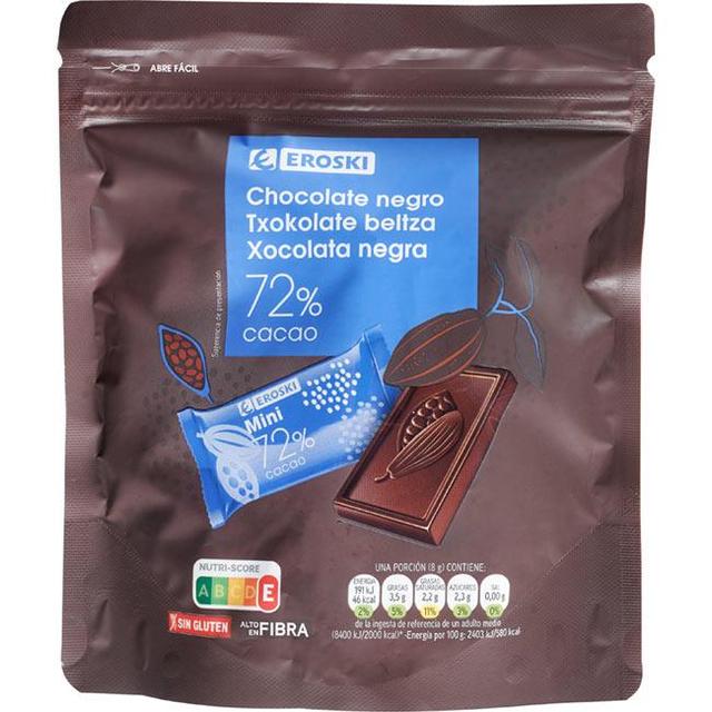 Chocolate negro 72% cacao en porciones eroski, bolsa 175 g