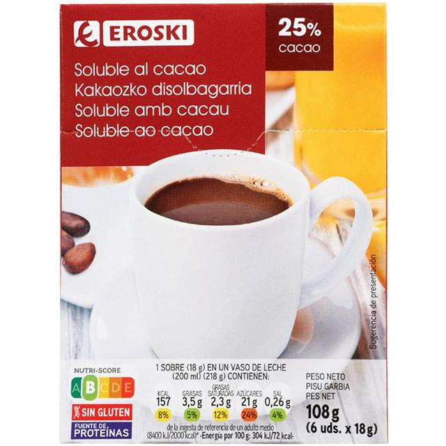 Soluble de cacao en sobres eroski, pack 6x18 g