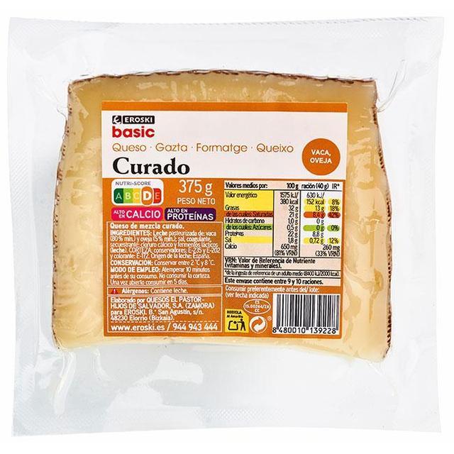 Queso curado mezcla eroski, cuña 375 g