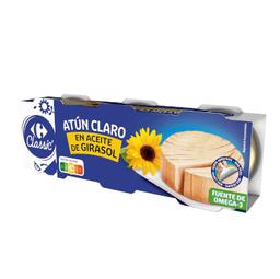 Atún claro en aceite de girasol Carrefour Classic pack de 3 latas de 52 g