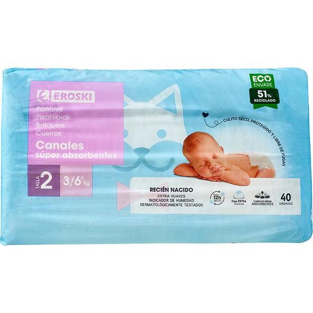 Pañal 3-5 kg t2 canales super absorbentes eroski, paquete 40 uds