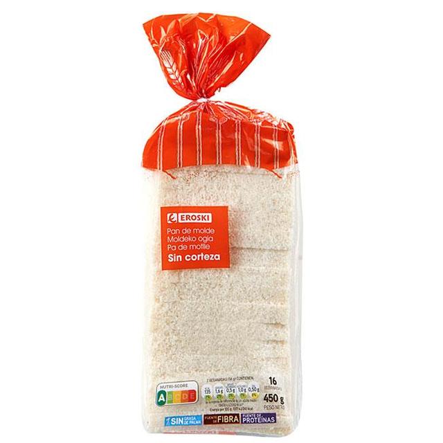 Pan de molde sin corteza eroski, paquete 450 g