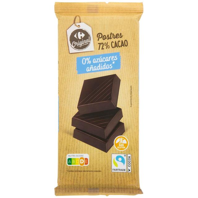 Chocolate negro 72% cacao especial postres Carrefour Original sin gluten y sin azúcar añadido 200 g