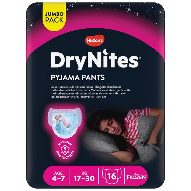 Ropa interior absorbente niña noche DryNites 4-7 años (17kg-30 kg.) 16 ud