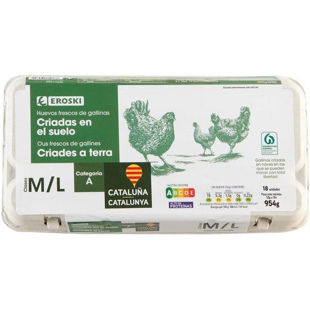 Huevo fresco suelo m/l eroski cataluña, 18 unidades