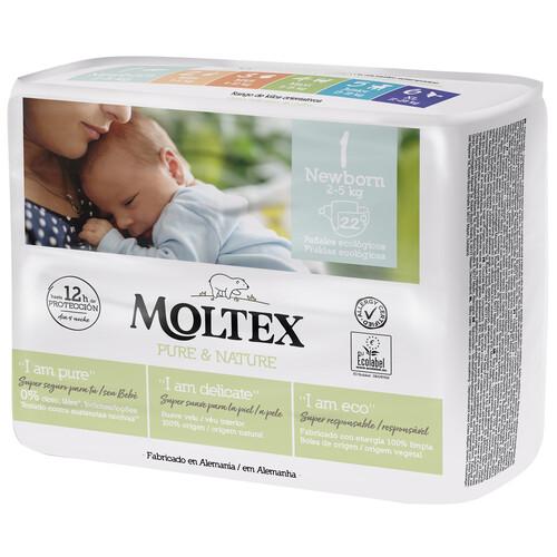 MOLTEX Pure & nature Pañales ecológicos talla 1 para bebés recien nacidos (2-5 kg) 22 uds