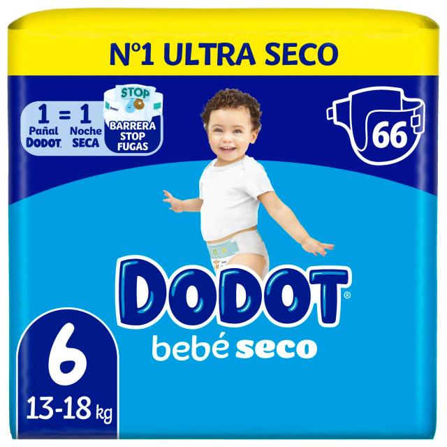 Pañales Dodot bebé seco T6 (13-18 kg) 66 ud