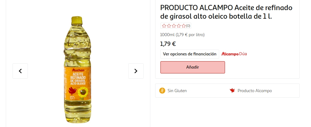 Aceite de girasol alto oleico en Alcampo